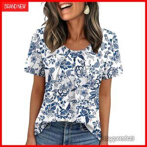 Pleated Short Sleeve Blouse Flowy Loose Fit Business Casual Top